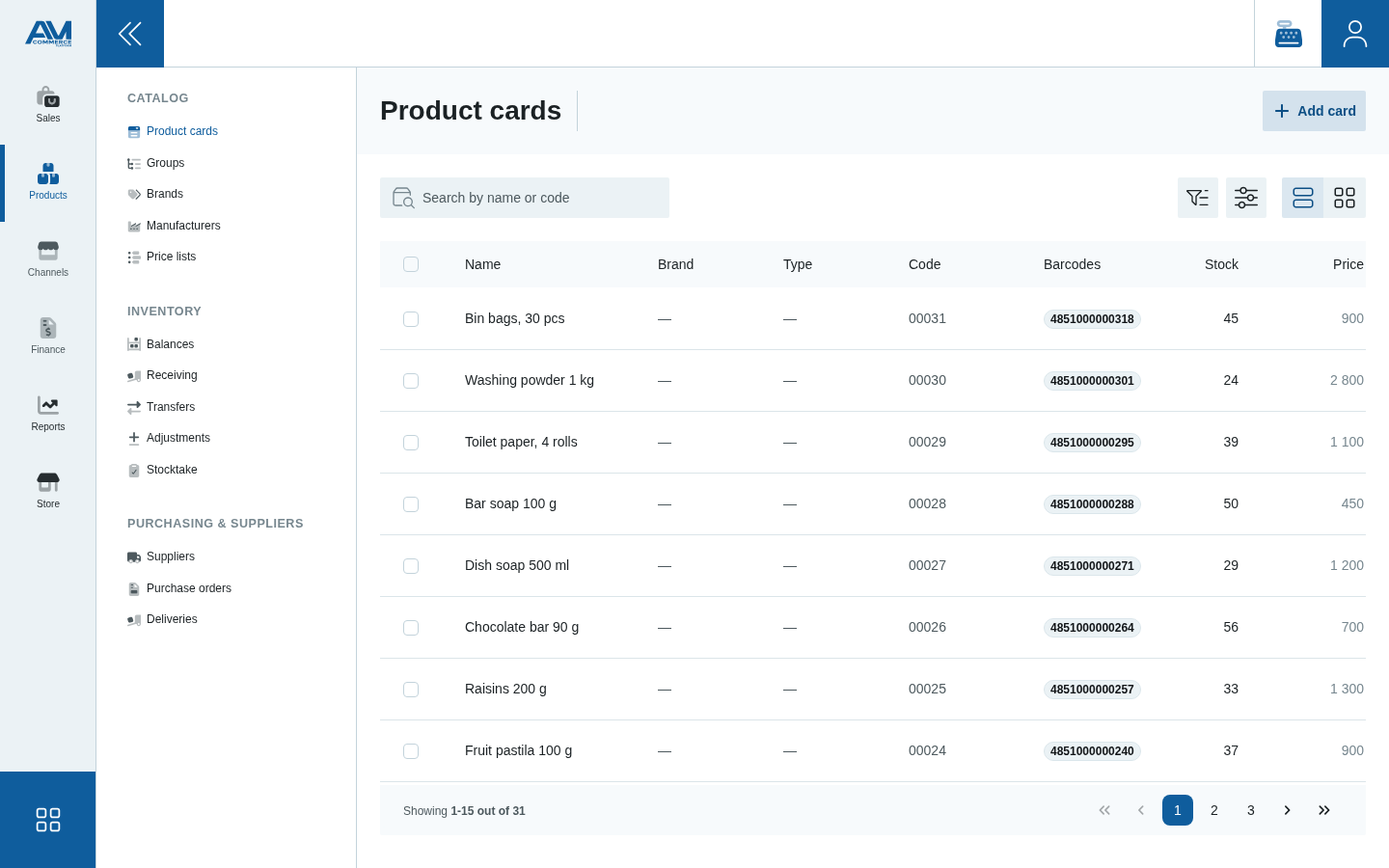 The product list in the AM Commerce catalogue with codes, barcodes, stock and prices