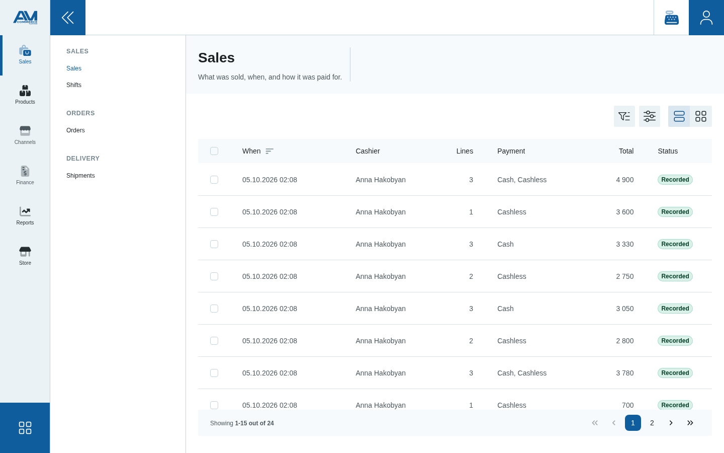 The list of sales: time, cashier, lines, payment and total